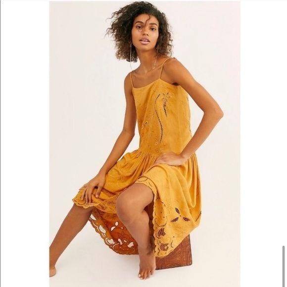 Free People Cutout Embroidered Midi Dress Mustard - Picture 4 of 4